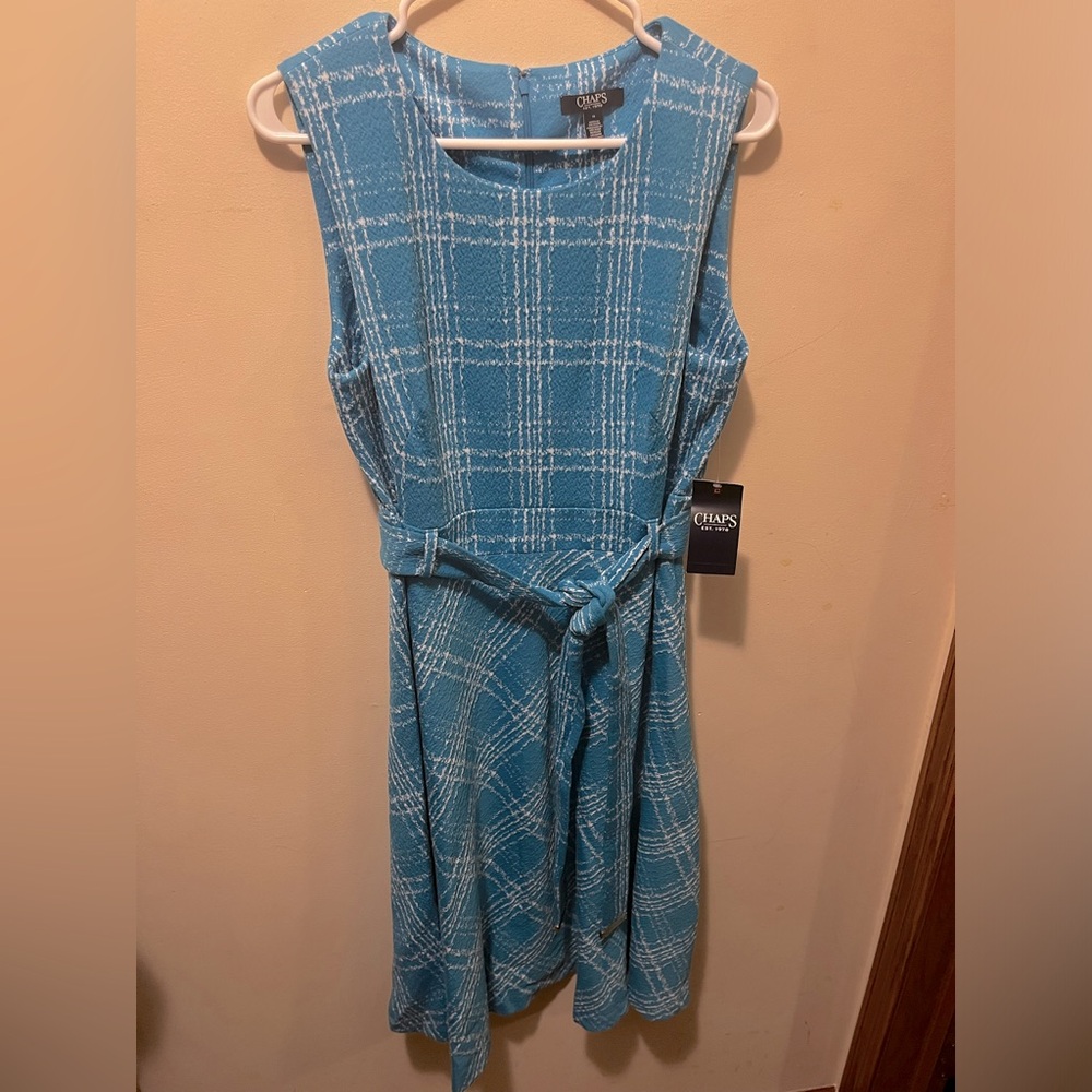 NWT Chaps Sleeveless‎ Belted Dress Blue White Sz 12